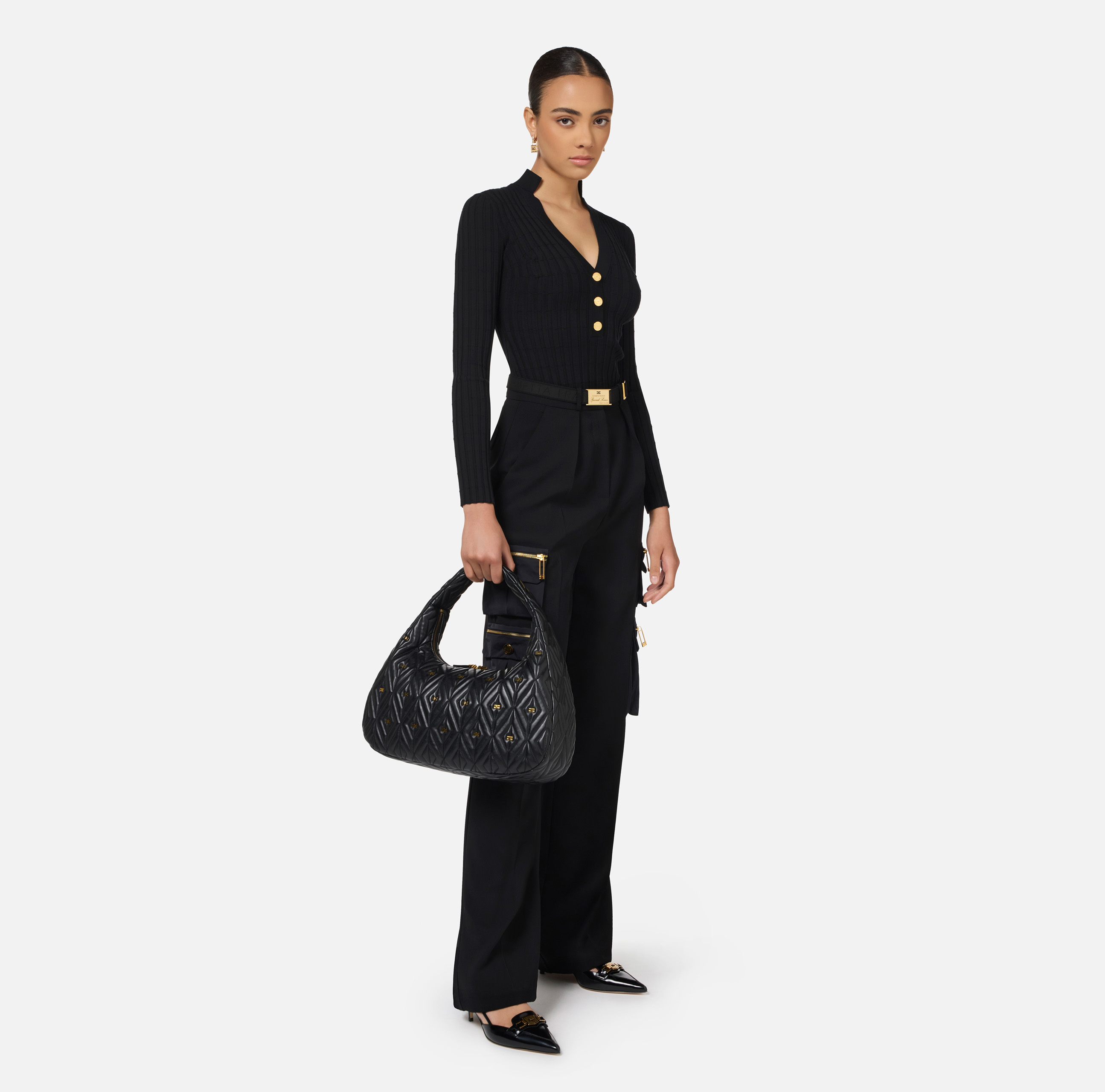 Straight trousers in crêpe fabric with pockets and belt - Elisabetta Franchi