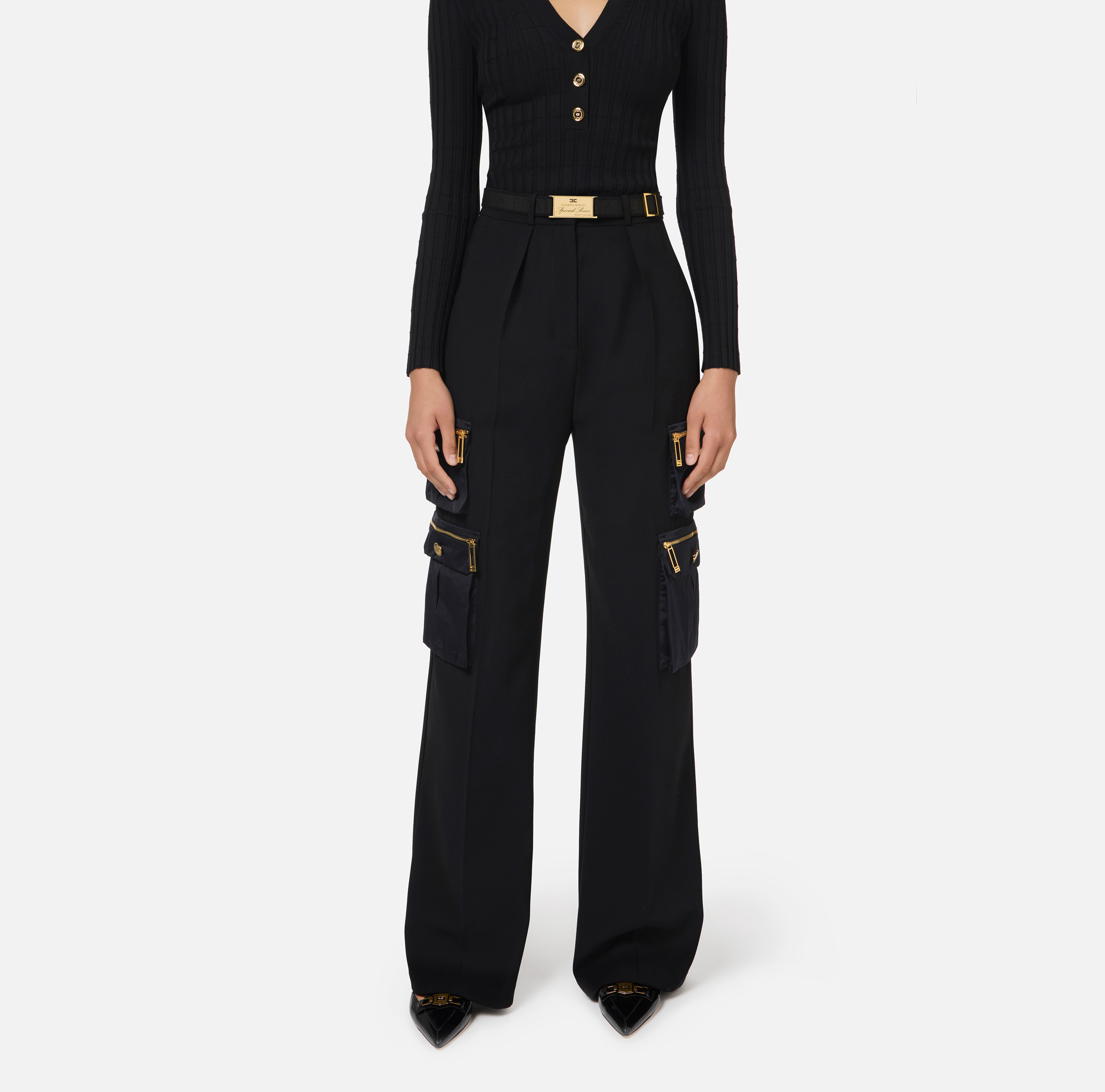 Straight trousers in crêpe fabric with pockets and belt - Elisabetta Franchi