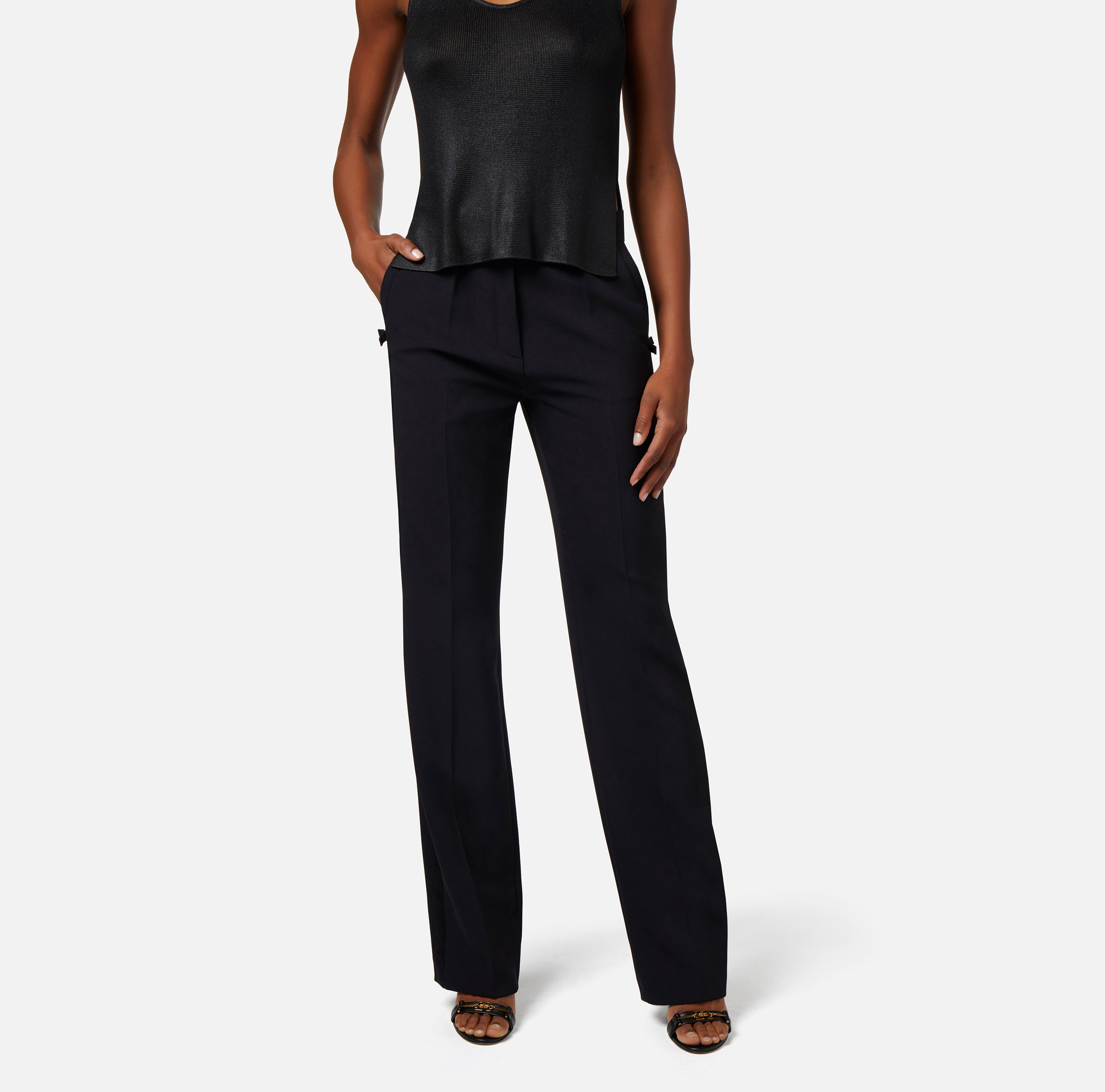 Straight trousers in lightweight crêpe fabric with satin band - Elisabetta Franchi