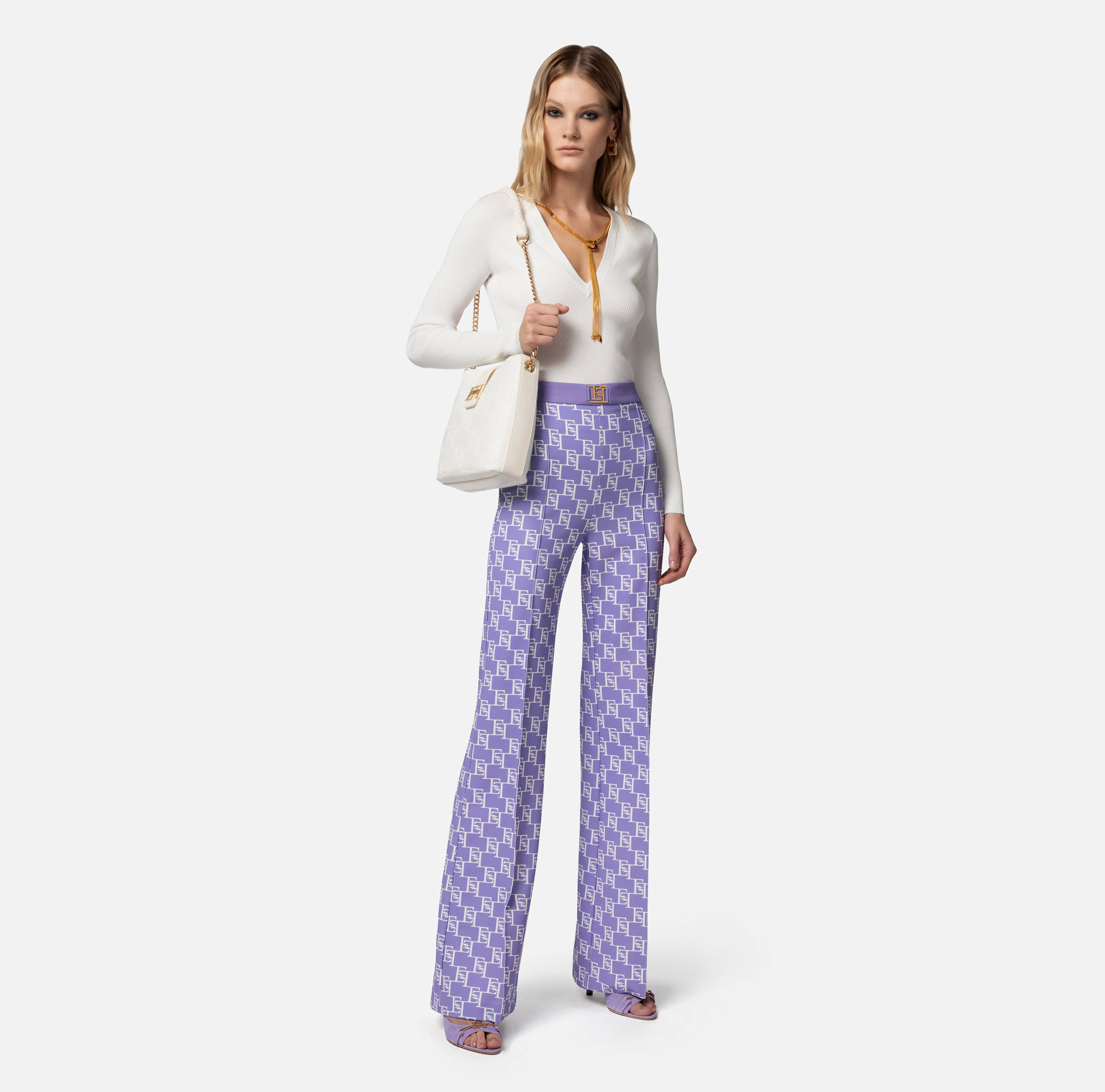 Palazzo trousers in stretch crêpe fabric with logo print - Elisabetta Franchi