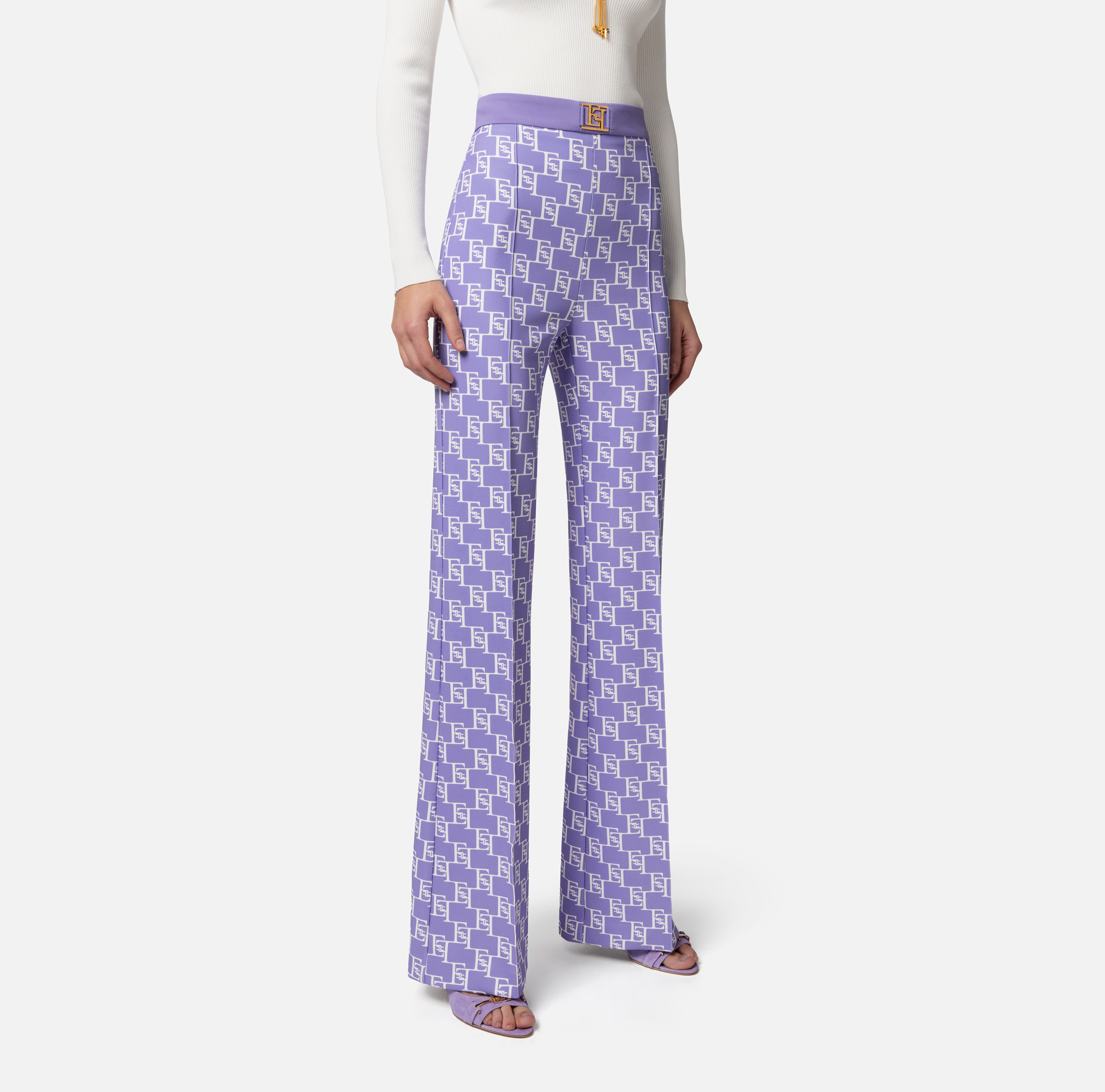 Palazzo trousers in stretch crêpe fabric with logo print - Elisabetta Franchi