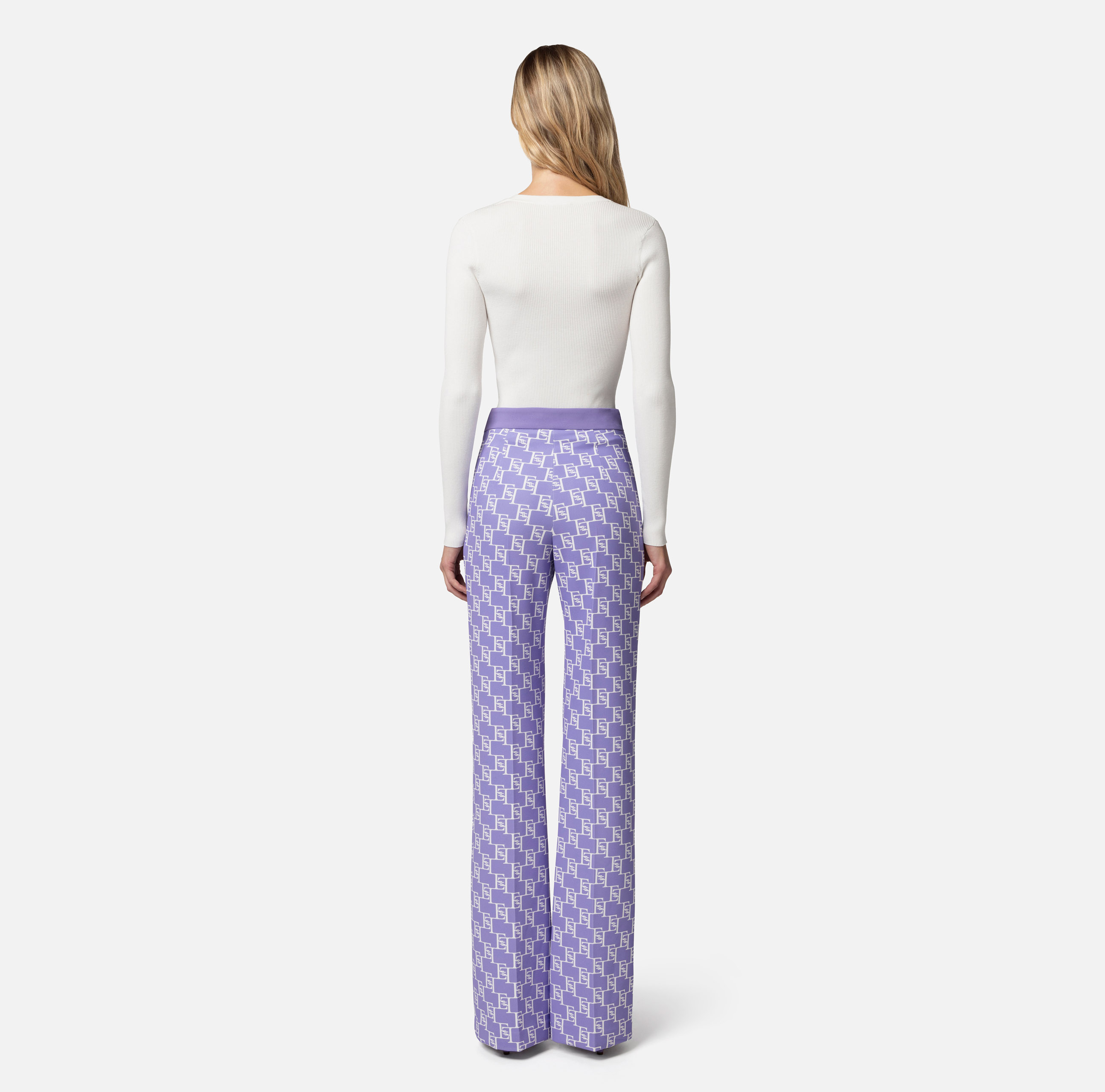 Spodnie z szerokimi nogawkami z krepy ze stretchem i nadrukiem z logo - Elisabetta Franchi