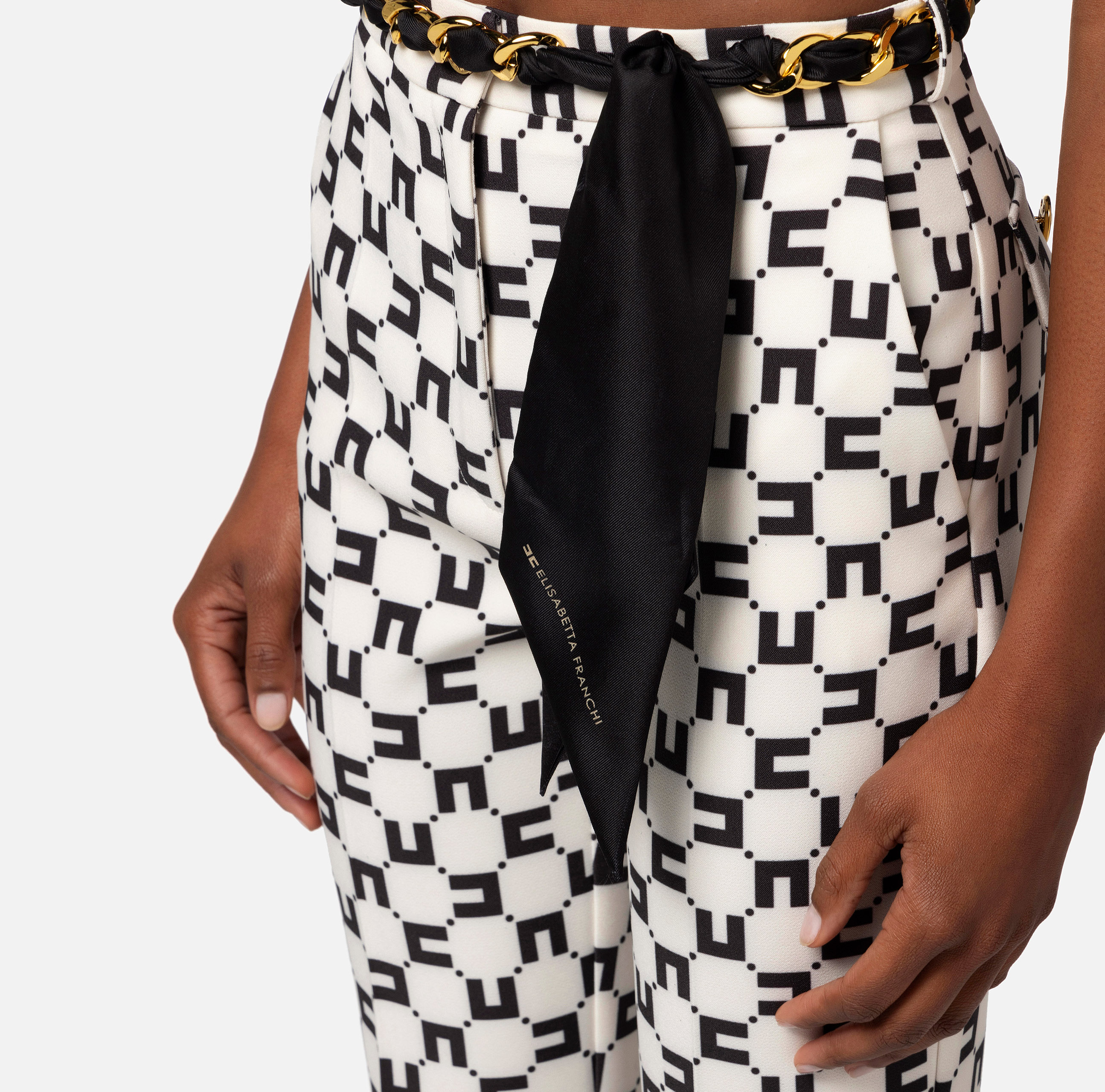 Boot-cut trousers in stretch crêpe with logo print and foulard scarf belt - Elisabetta Franchi