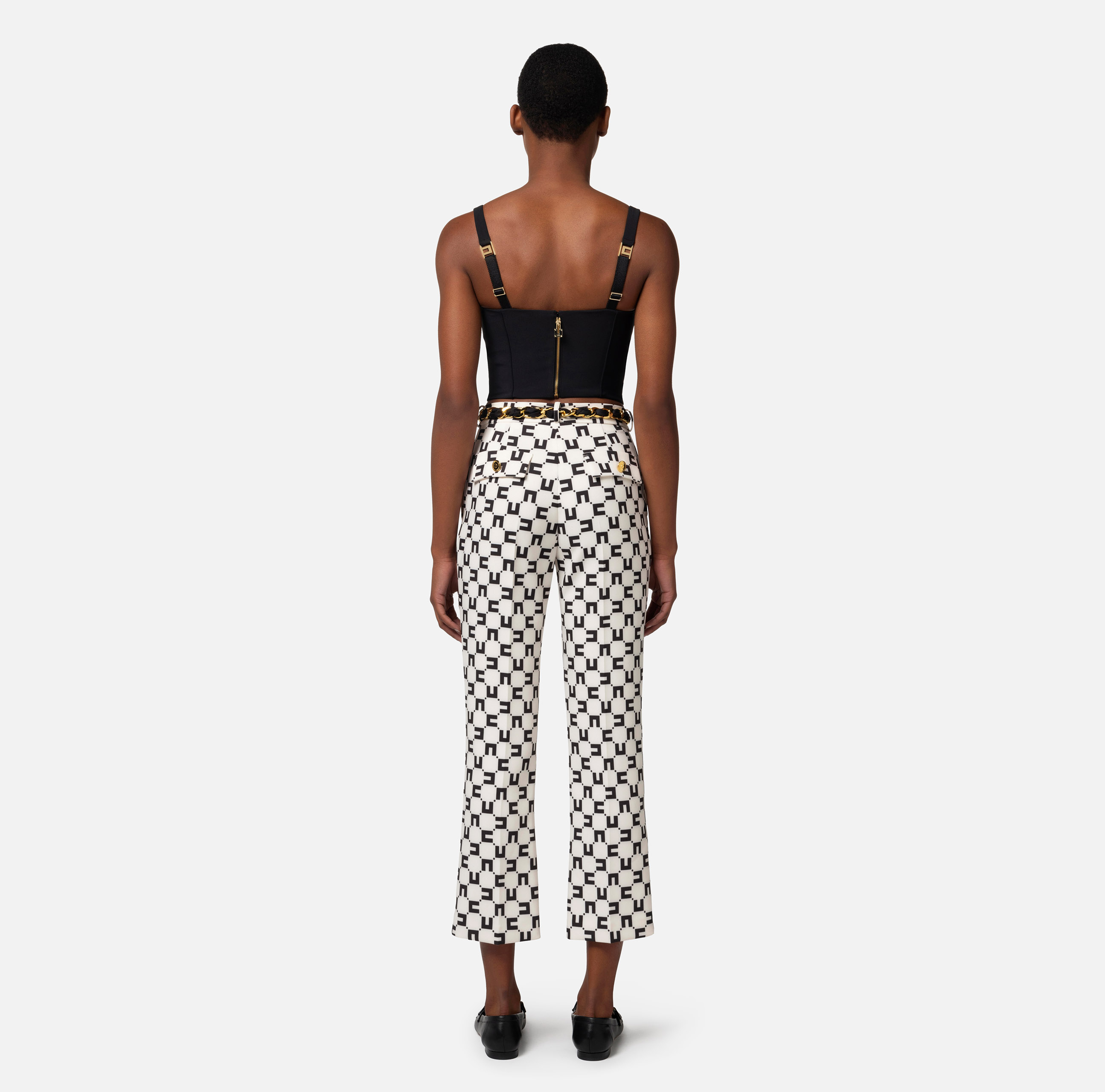 Boot-cut trousers in stretch crêpe with logo print and foulard scarf belt - Elisabetta Franchi