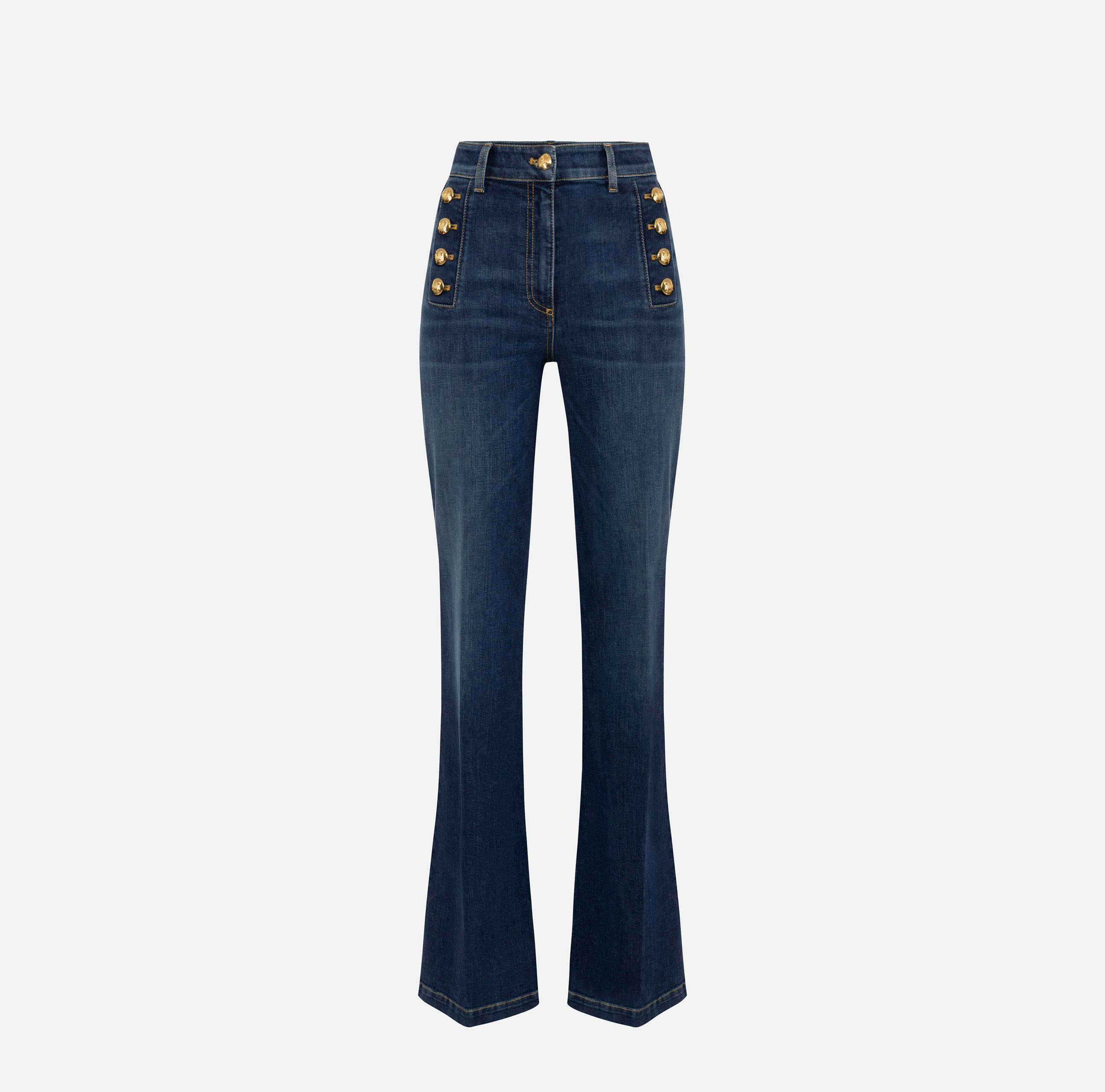 Bell-bottom stretch cotton jeans with side button placket - Elisabetta Franchi