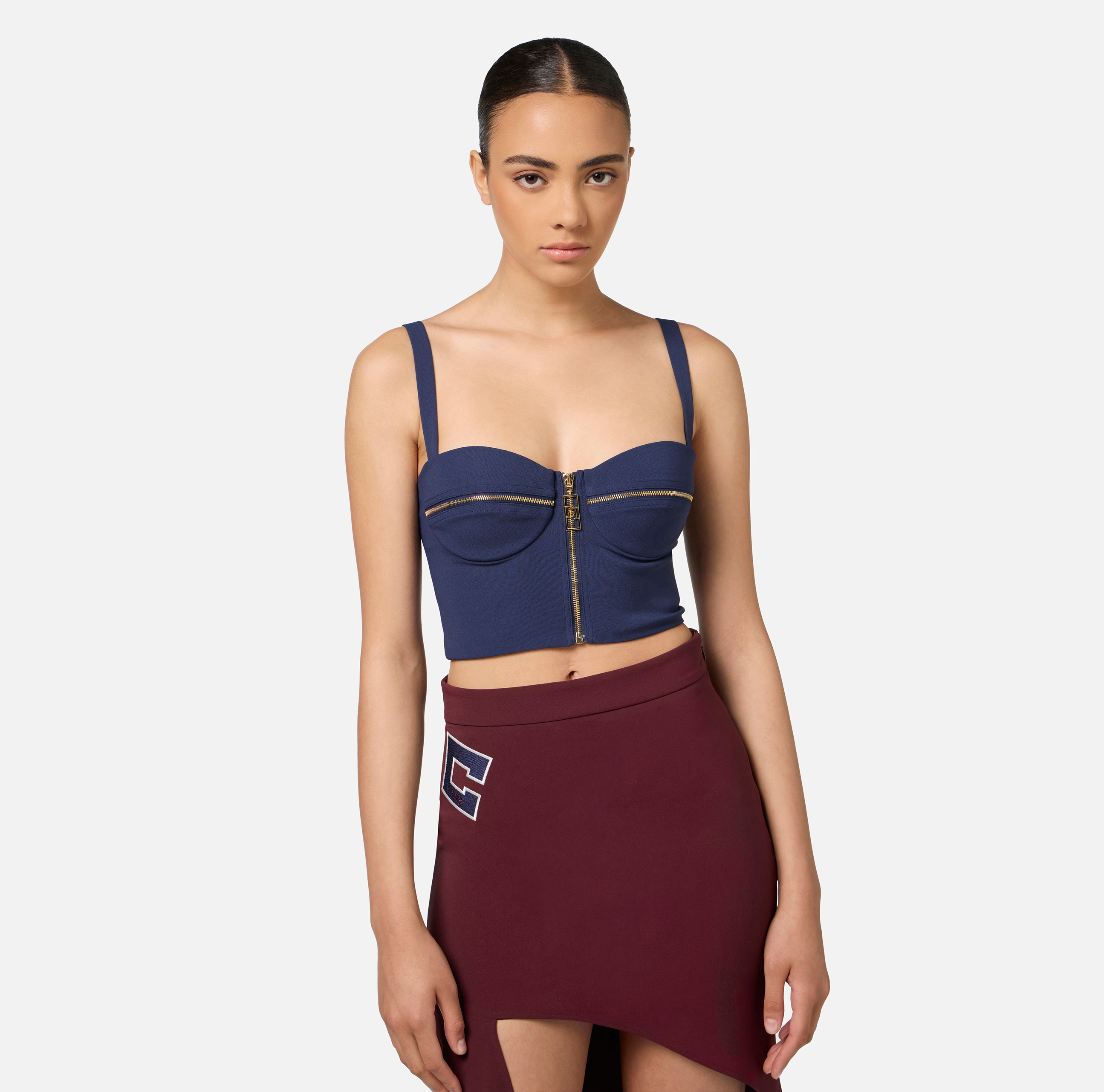 Double layer crêpe balconette top with zip pattern - Elisabetta Franchi