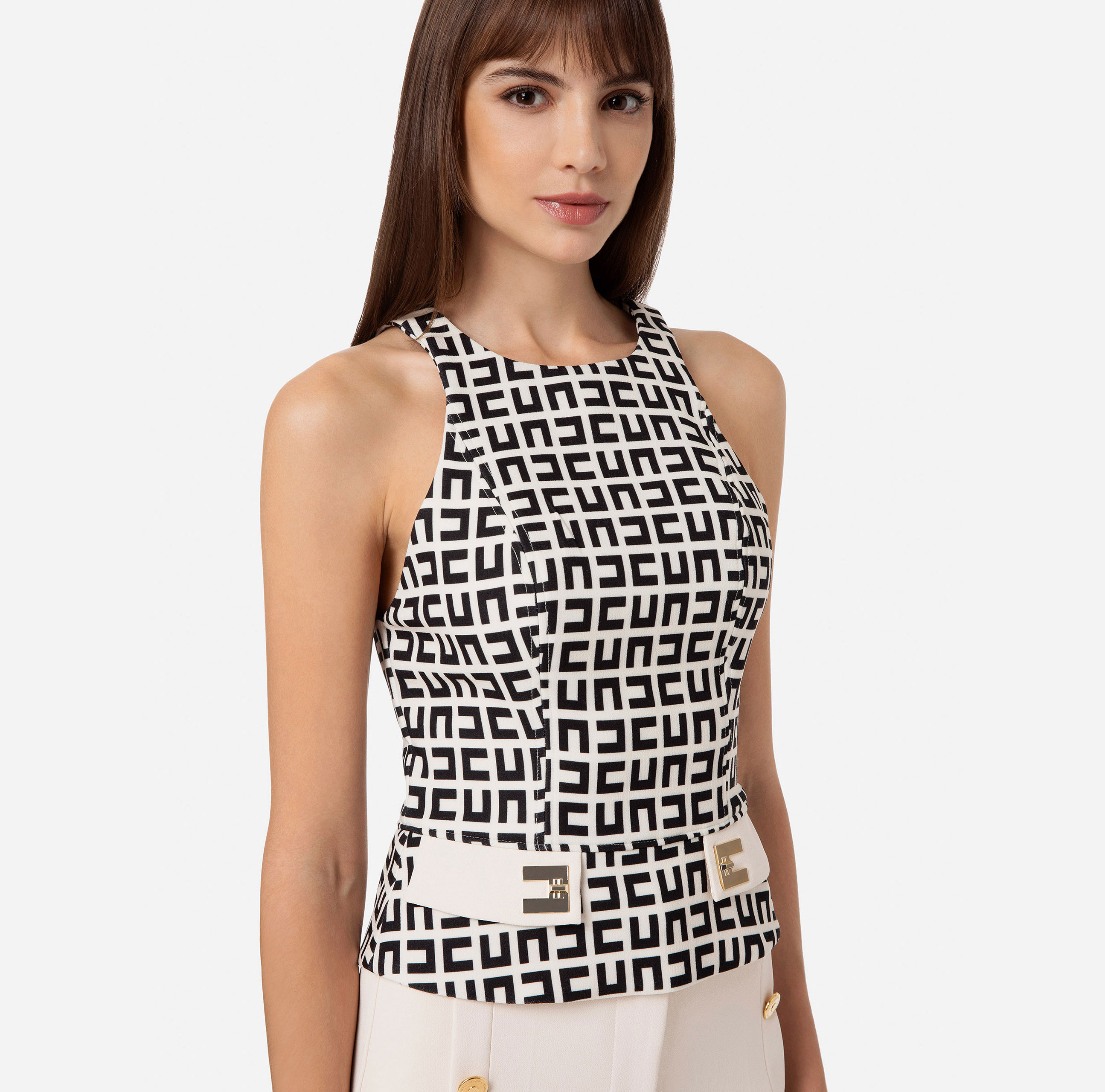 Double layer crêpe top printed with maze pattern | Elisabetta Franchi