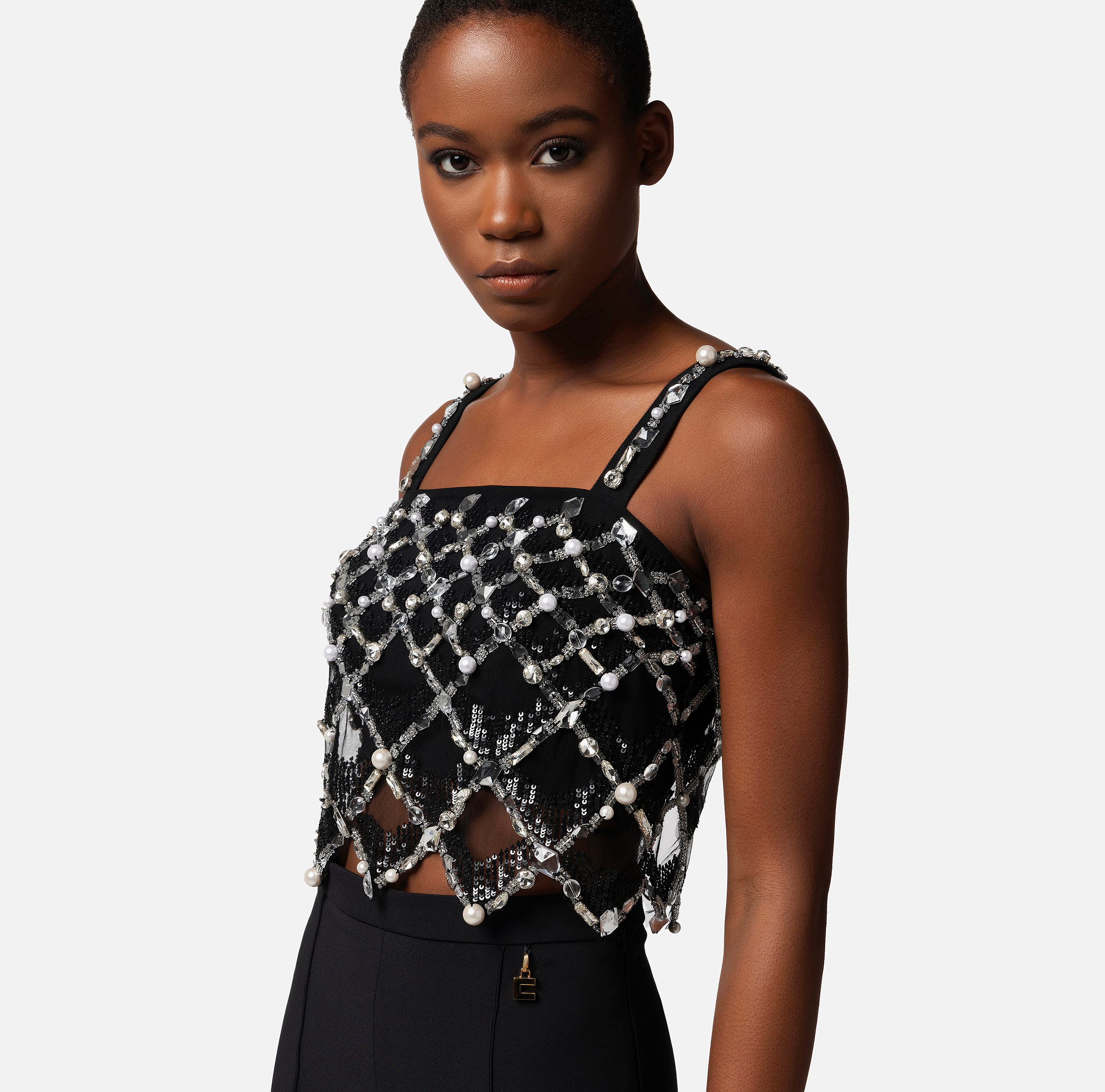 Tulle top with geometric embroidery - Elisabetta Franchi