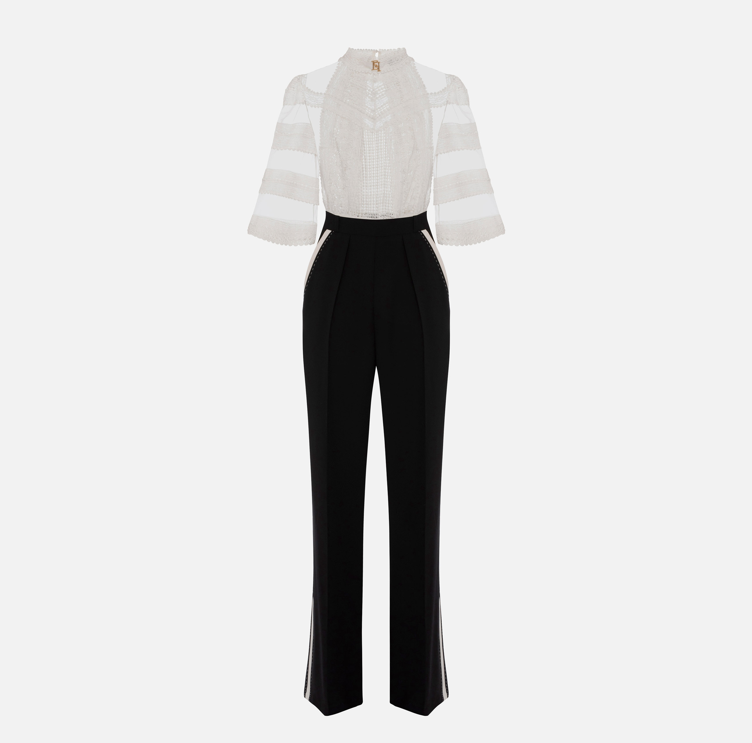 Jumpsuit in crêpe fabric with shirt top in macramé lace - Elisabetta Franchi