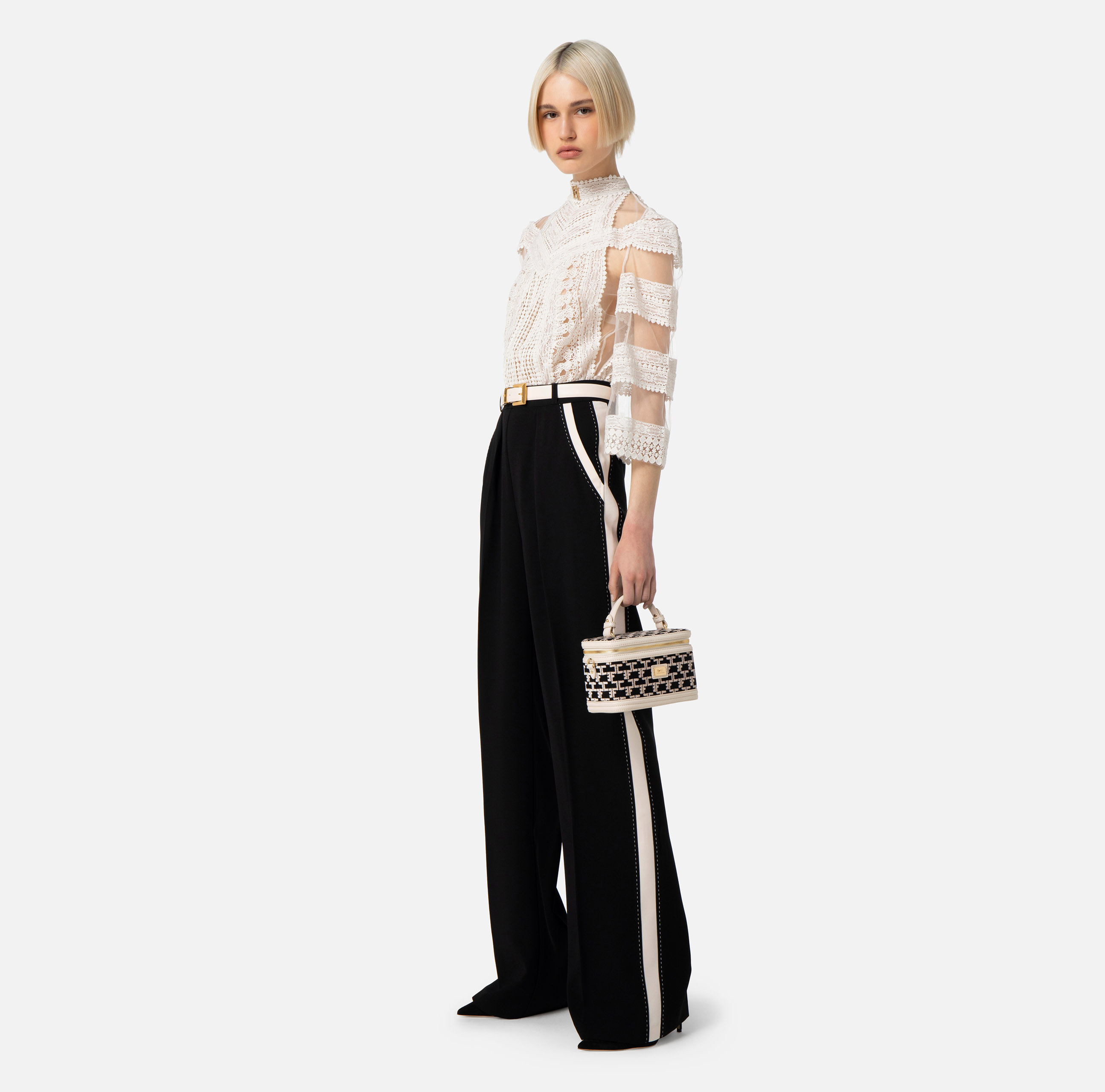 Jumpsuit in crêpe fabric with shirt top in macramé lace - Elisabetta Franchi