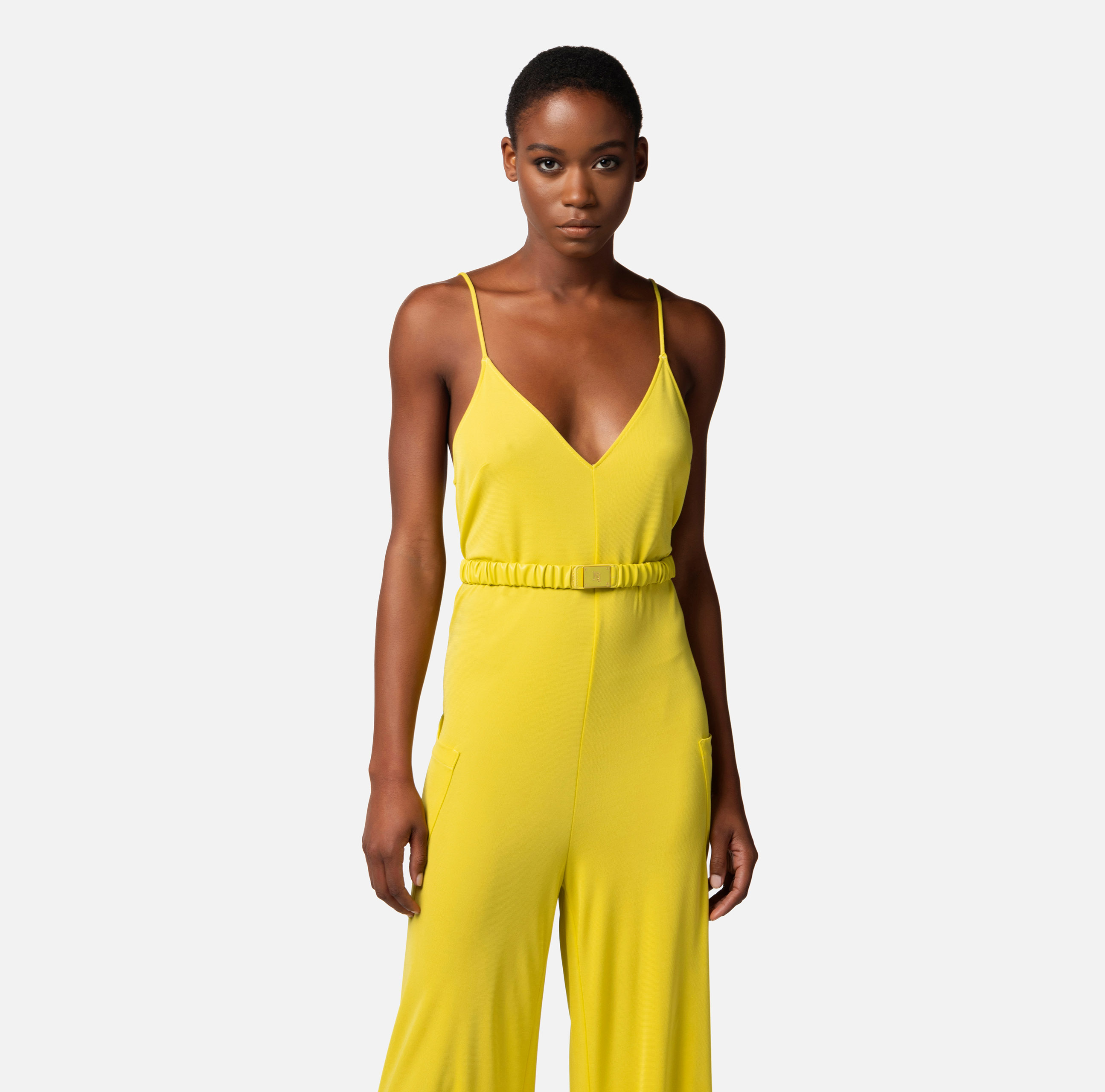 Jersey wide jumpsuit with belt and logoed buckle - Elisabetta Franchi