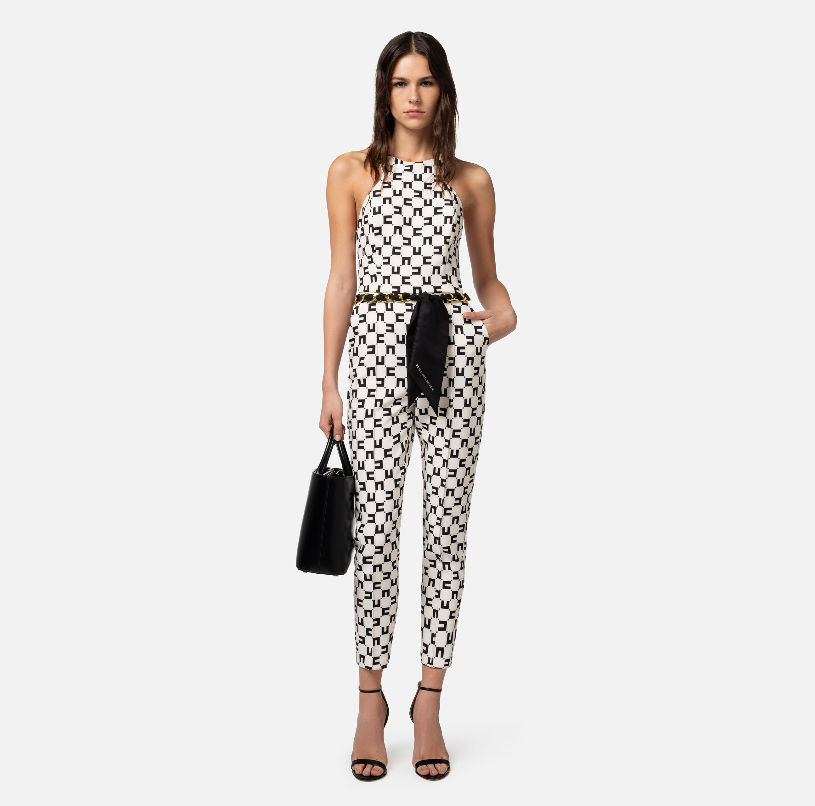 Jumpsuit in double layer crêpe fabric with logo print and chain belt - Elisabetta Franchi