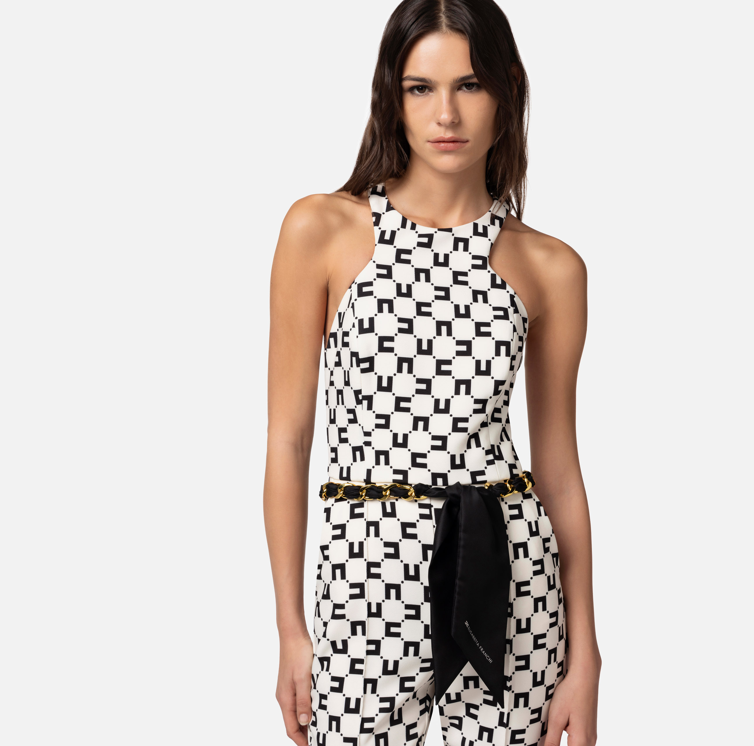 Jumpsuit in double layer crêpe fabric with logo print and chain belt - Elisabetta Franchi