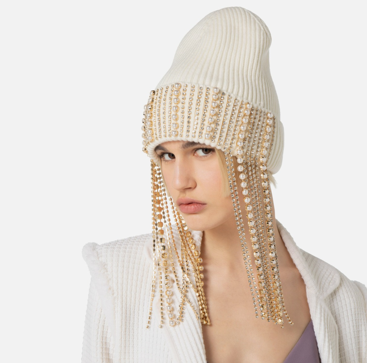Wool hat with rhinestones chain - Elisabetta Franchi